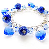 Blue handmade lampwork stripey bead bracelet with swarovski hearts and bicones